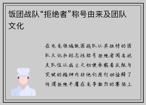 饭团战队“拒绝者”称号由来及团队文化