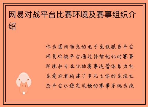 网易对战平台比赛环境及赛事组织介绍