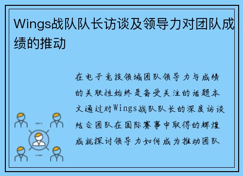 Wings战队队长访谈及领导力对团队成绩的推动