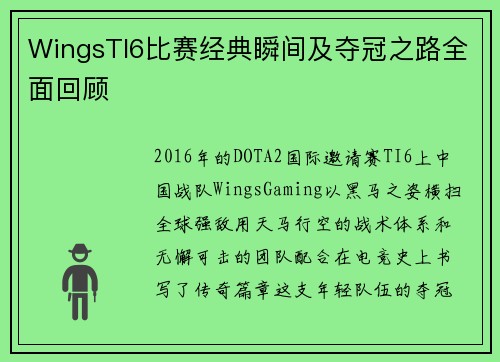 WingsTI6比赛经典瞬间及夺冠之路全面回顾